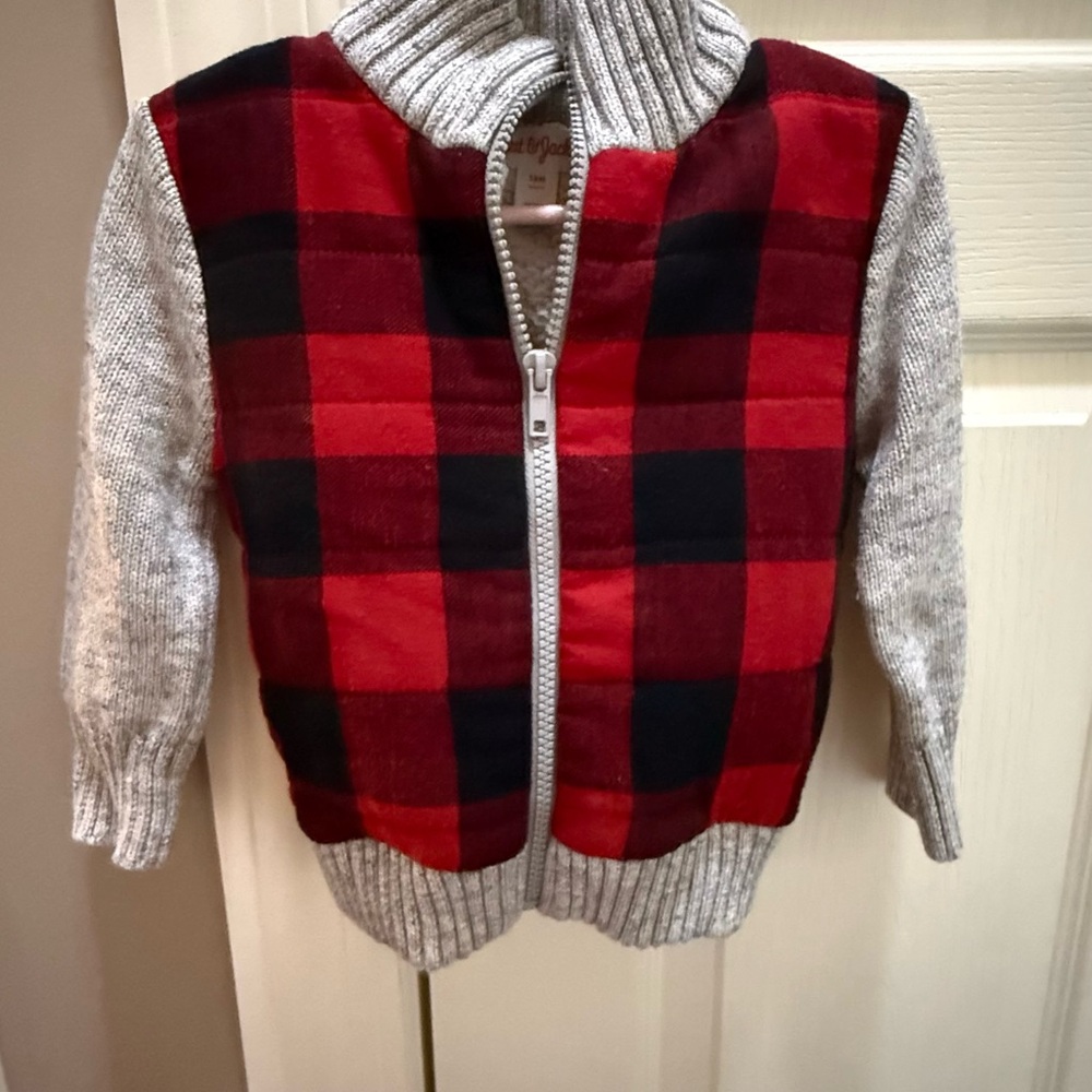 Cat & Jack Red and Gray Plaid Kids Sweater Jacket VGUC